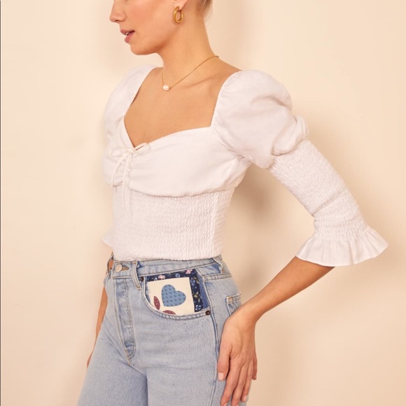 Reformation linen puff sleeve smocked top - Picture 3 of 4